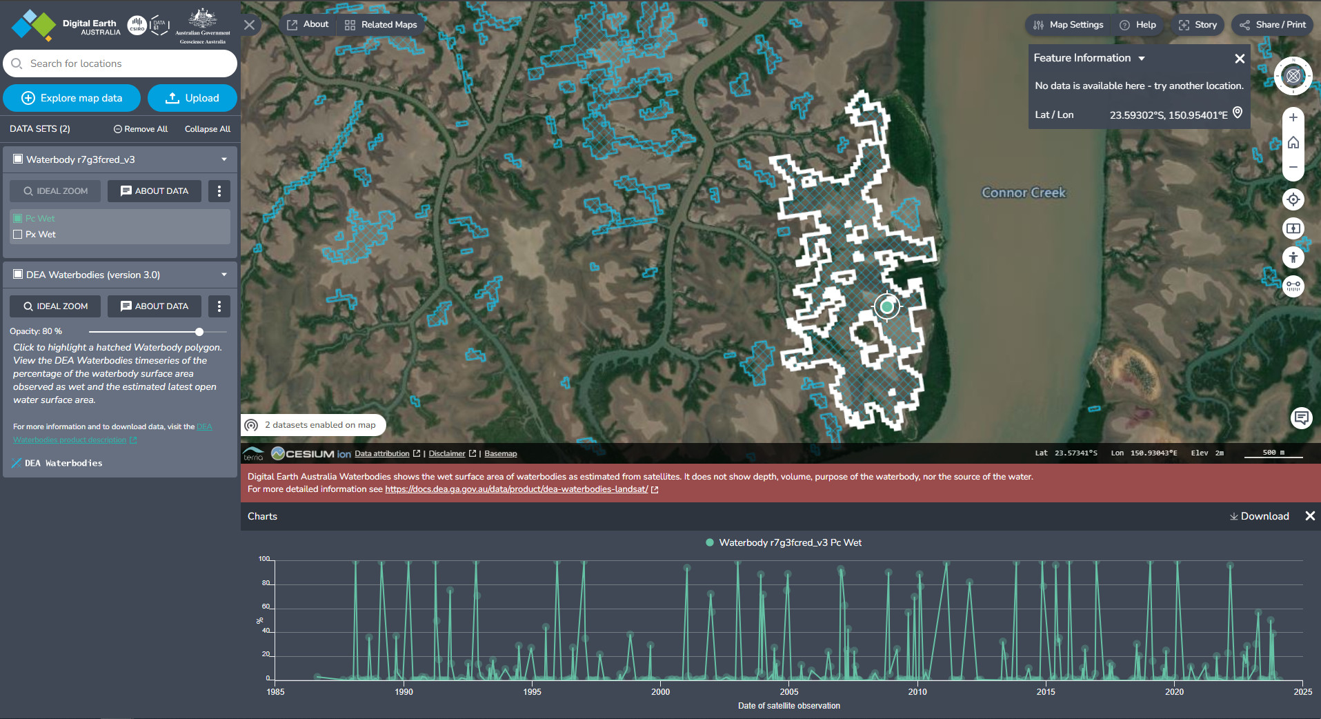 Screenshot of DEA Waterbodies showing marked line boundaries of blue water shape