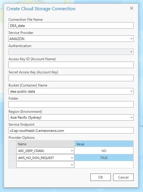 Creating a cloud connection to stream Cloud Optimised GeoTIFF (COG) rasters in ArcGIS Pro