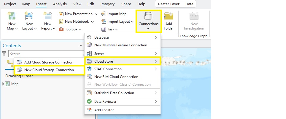 Accessing the Connections and Cloud store menu in ArcGIS Pro