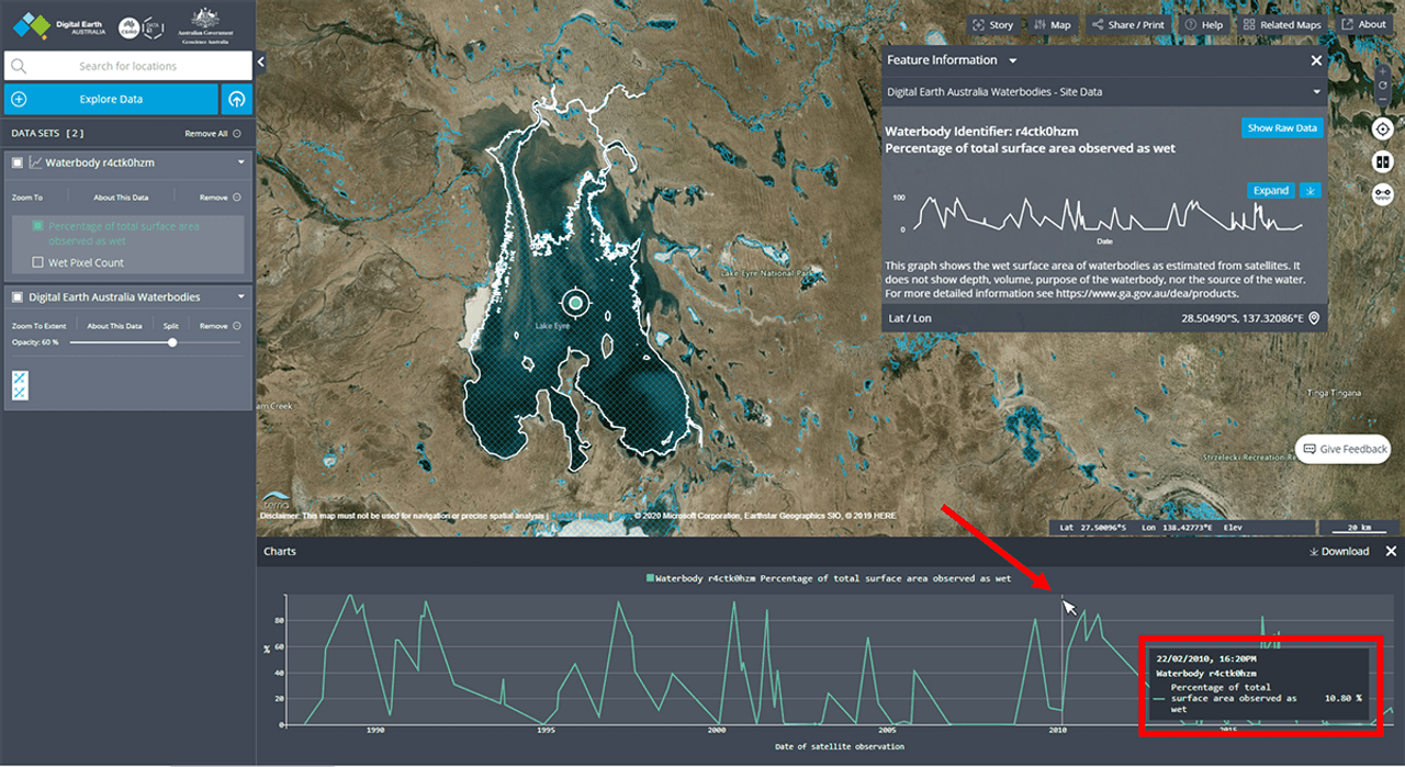 Screenshot of DEA Waterbodies website showing marked line boundaries of blue water shape